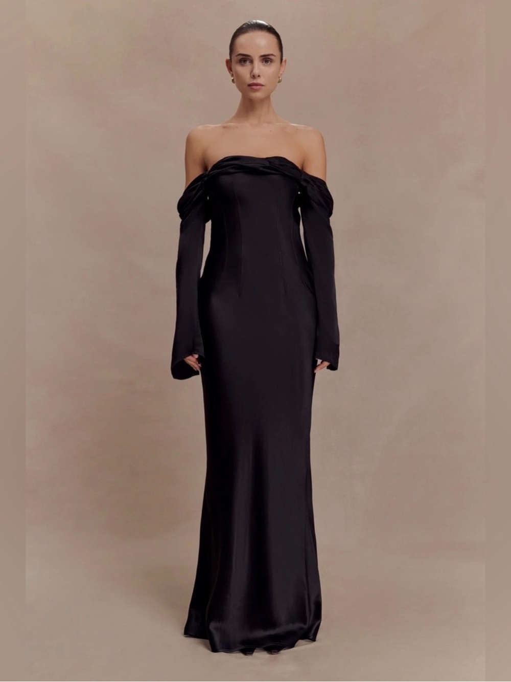 Meshki Black Off-Shoulder Long Sleeve Satin Gown